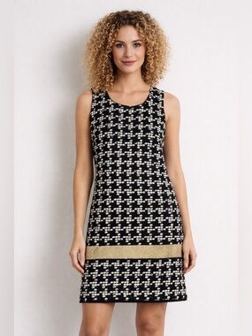 Ella Luna Black and White Patterned Sleeveless Dress with Gold Band